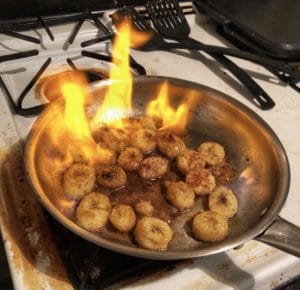 peanut butter bananas foster protein pancakes flambé