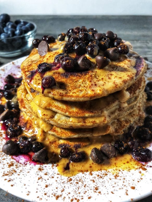 dark chocolate chip blueberry protein pancakes