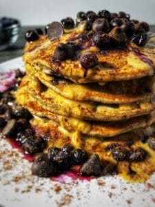 dark chocolate chip blueberry protein pancakes