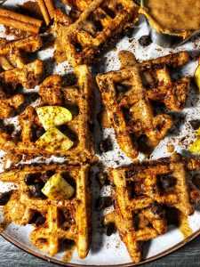 apple cinnamon dark chocolate chip protein waffles