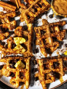 apple cinnamon dark chocolate chip protein waffles