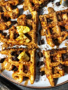 apple cinnamon dark chocolate chip protein waffles