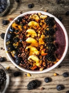 blueberry acai cacao protein smoothie bowl