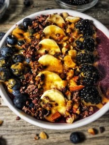 blueberry acai cacao protein smoothie bowl