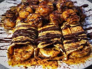 dark chocolate bananas foster protein crepes