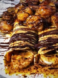 dark chocolate bananas foster protein crepes