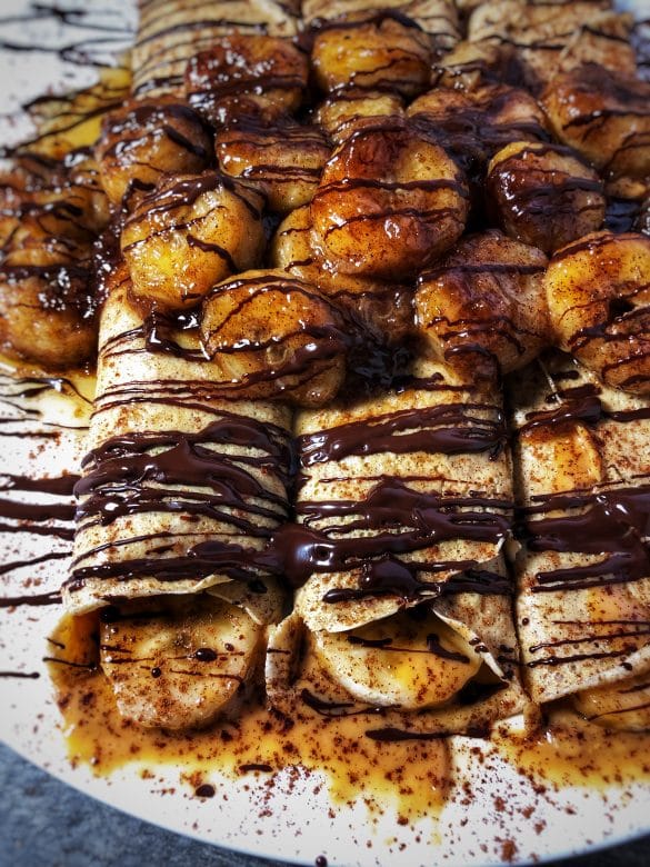 dark chocolate bananas foster protein crepes