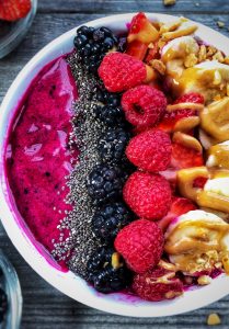 dragonfruit raspberry chia protein smoothie bowl