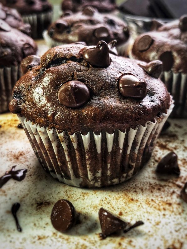 double dark chocolate chip protein muffins